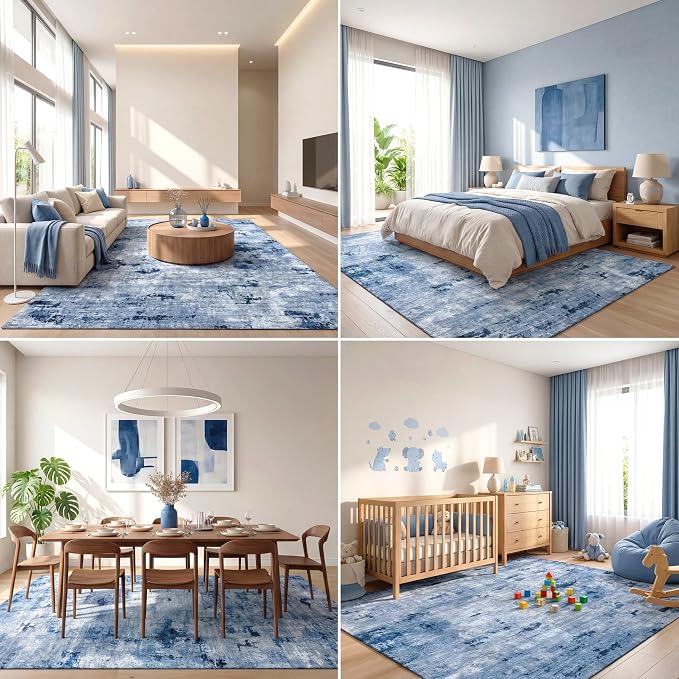 Large Washable Area Rug for Hardwood Floors, 8'x10', Navy Blue | Low Pile, Spill-Proof, Stain Resistant, Pet Friendly, Modern Abstract, High Traffic, Non-Slip Backing, 100% Cotton-Backed