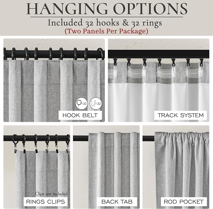 QJmydeco 102 Inch Long Gray Blackout Curtains for Bedroom 2 Panels Set, Natural Linen Pleated Floor to Ceiling Thermal Drapes Hooks Rings Back Tab 50 x 102 Inches Length Textured Window Drapes Decor