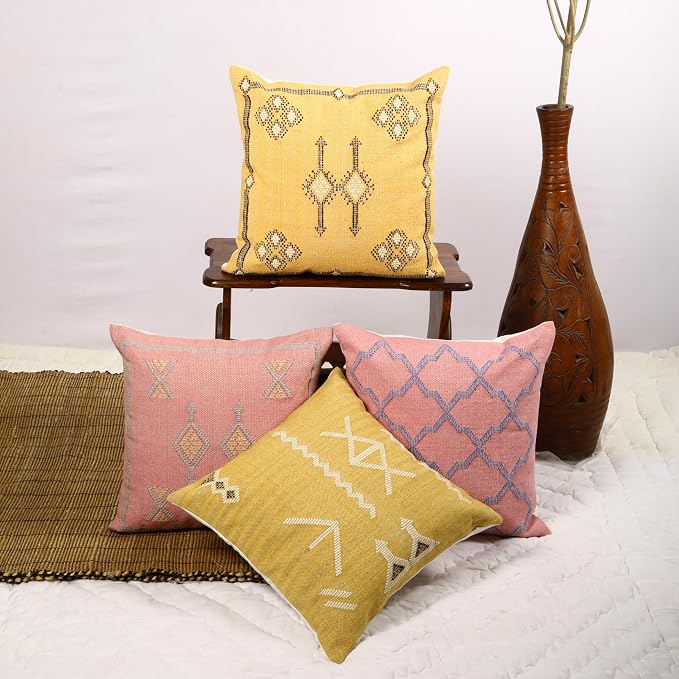 Trade Star 100% Cotton Handloomed Pillow Cases Handwoven Farmhouse Pillowcases Sabra Kilim Pillow Shams 18x18 Inches Set of 4 Throw Pillow Covers (Sabra 1)