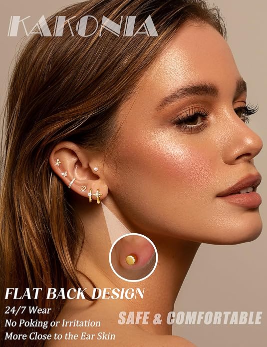 Kakonia Hypoallergenic Flat Back Earrings for Women Men Surgical Steel Earring for Sensitive Ears, 14K Gold Plated Stainless Steel Flatback Stud Hoop Cartilage Earring Stacks for Multiple Piercing