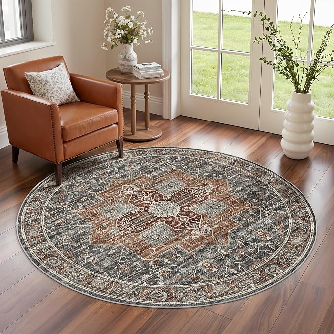 Roxstand 6ft Round Washable Area Rug, Non Slip Rug, Grey/Brown/Tan | 6x6 Low Pile Rug, Stain Resistant, Non-Shedding Surface, Pet & Kid Friendly Circle Rug for Living Room, Bedroom, Dining Room