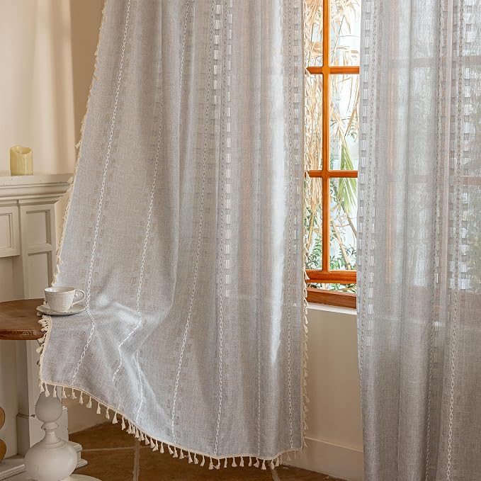 Boho Sheer Light Gray Curtains 84 inches Long 2 Panels for Living Room Bedroom,Farmhouse, Bohemian Beige Tassels Country Light filtering Curtains Shabby Chic Embroidery Striped Draps Back Tab, 50" W