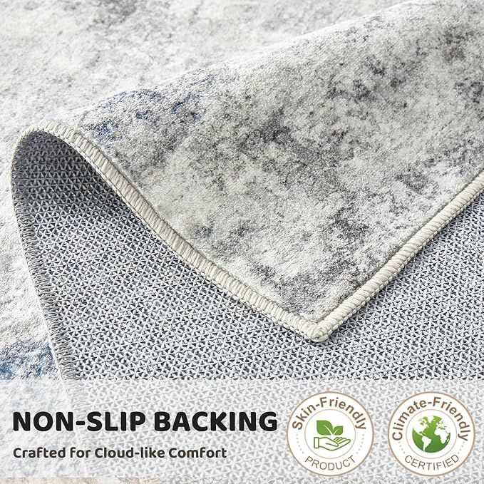 DMOYEST 3x8 Washable Runner Rug, Non Slip Low Pile Carpet Runner for Hallway and Entryway, Kid & Pet Friendly Abstract Modern Area Rug for Kitchen and Dining Room - Grey Blue