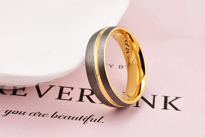 King Will Mens 8mm Rose Gold Groove/Gold Loop/Black Cross Groove Tungsten Carbide Wedding Ring Line Flat Pipe Cut Brushed Polished Comfort Fit 7-14