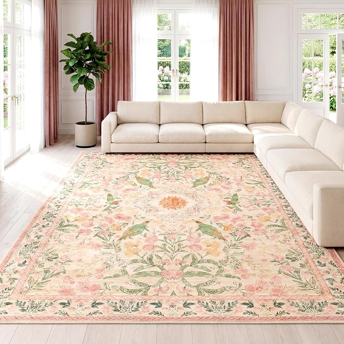 Washable Floral Bird Area Rug, 0.3" Low Pile Non-Slip Cottagecore Nursery Rug, Cotton-Backed Silicone Grip, Water-Resistant, Faux Wool Carpet for Girls Bedroom, 8'x10', Cream/Pink/Sage