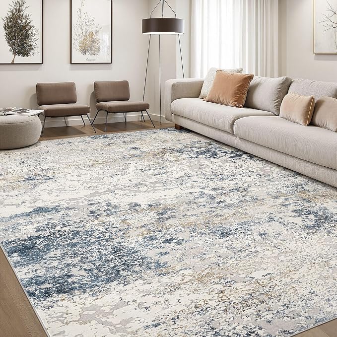 DMOYEST Area Rug Living Room Rugs - 7x9 Large Soft Indoor Neutral Modern Abstract Low Pile Washable Rug Carpet for Bedroom Dining Room Farmhouse Home Office - Beige Blue