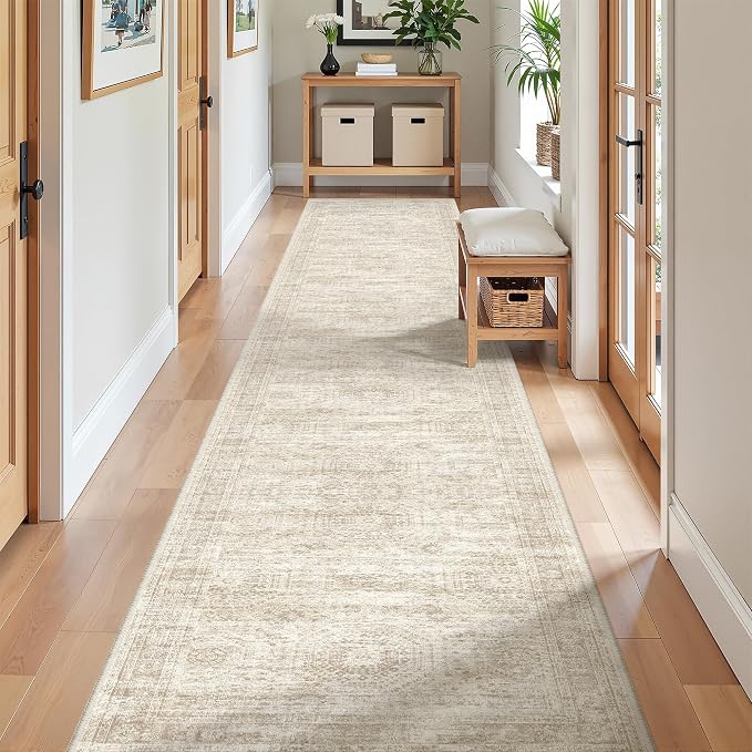 2x12 Runner Rug Non Slip,Washable Hallway Runner Rug,Beige | Long Neutral Rugs for Kitchen,Entryway,Bedroom,Bathroom,Laundry Room,Thin,Soft Runner Rug,Stain Resistant Indoor Carpet