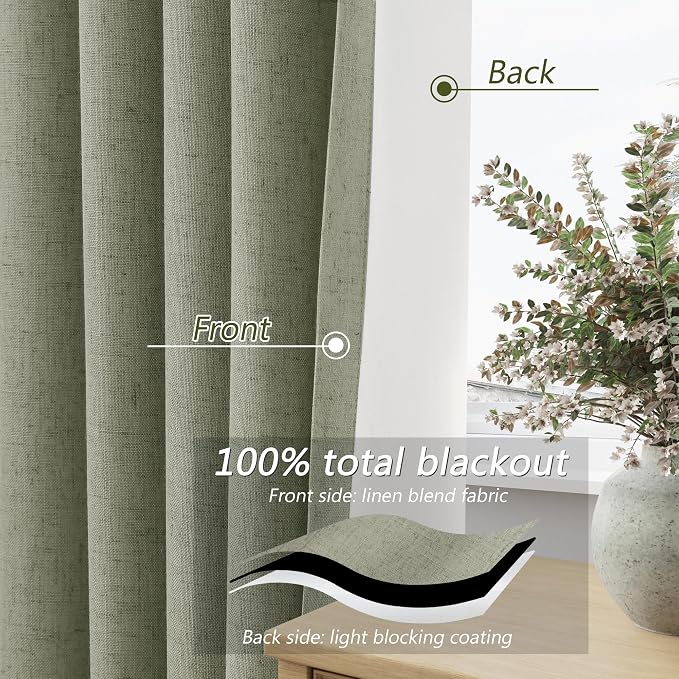 Sage Green 100% Blackout Linen Curtains 102 Inch Length 2 Panels Set for Living Room Bedroom Back Tab Rod Pocket Thermal Insulated Black Out Drapes Room Darkening Farmhosue Window Curtains 52x102