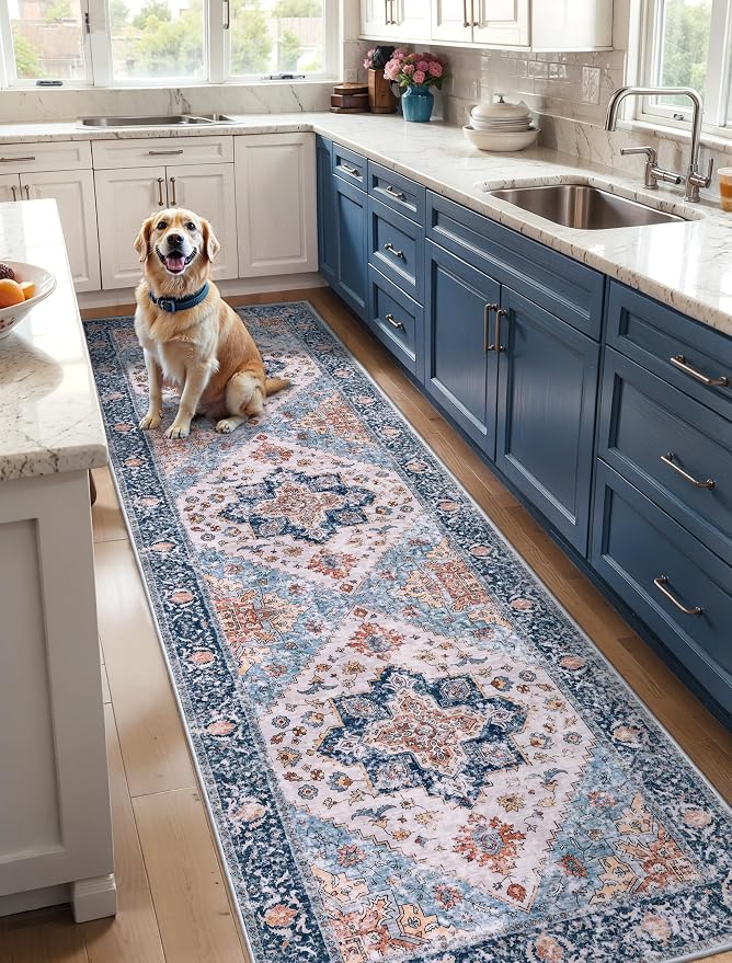 SERISSA Runner Rug for Hallways, 3x10 Washable Non Slip Kitchen Runner Rug, Long Boho Rug Vintage Blue Orange Hallway Stair Ultra Soft Print Floor Carpet for Bedroom Bathroom Laundry Room