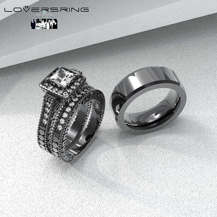 Couple Ring Bridal Set His Hers Women 10k White Gold Filled AAA Cz Men Stainless Steel Wedding Ring Band Set