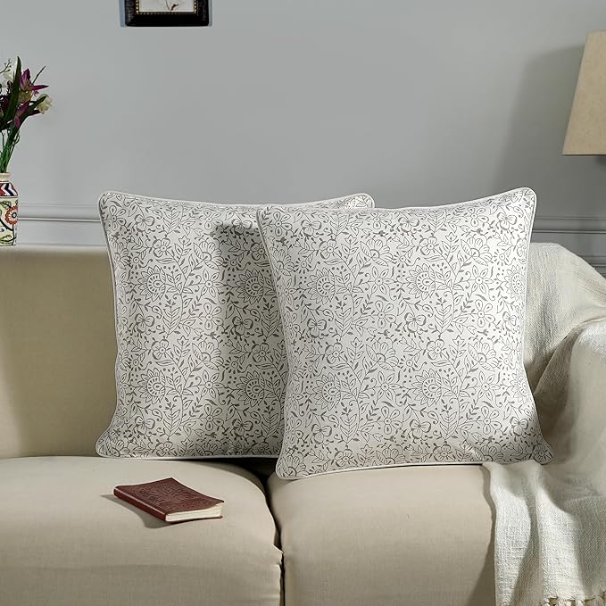 Ridhi Block Print Taupe Pillow Cover 18" x 18" (Pack of 2) Decorative Couch Pillows for Living Room, Farmhouse Chic Boho Cute Outdoor Pillows Covers Gifts for Spring, Mother's Day