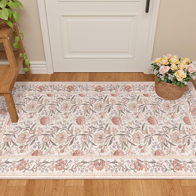 DUKINO 2x4 Rug, Washable Vintage Floral Entryway Rug Non Slip, Beige Pink | Low Pile, Non-Shedding, Stain Resistant Boho Lightweight Soft Indoor Carpet for Kitchen Bathroom Hallway Laundry Farmhouse