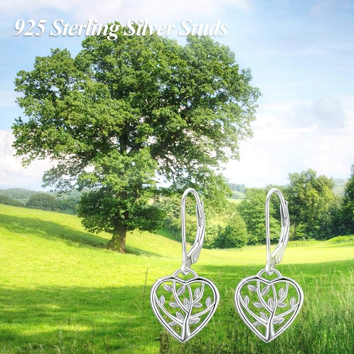Tree of Life Earrings, 925 Sterling Silver Heart Shaped Studs for Women, Hypoallergenic Earrings for Sensitive Ears Gifts for Women with Gift Box…