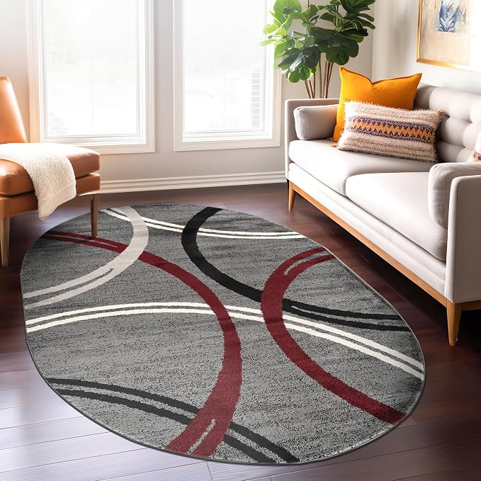 Rugshop Wavy Circles Modern Non-Shedding Living Room Oval Rug Red 5' x 7'