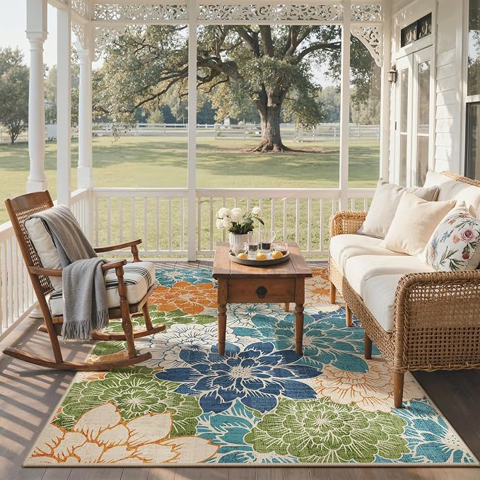 GENIMO 4x6 Outdoor Rug, Washable for Porch and Patio, Teal Blue | Floral design for balcony; fade resistant chenille with quick-dry non-slip backing for deck and indoor space