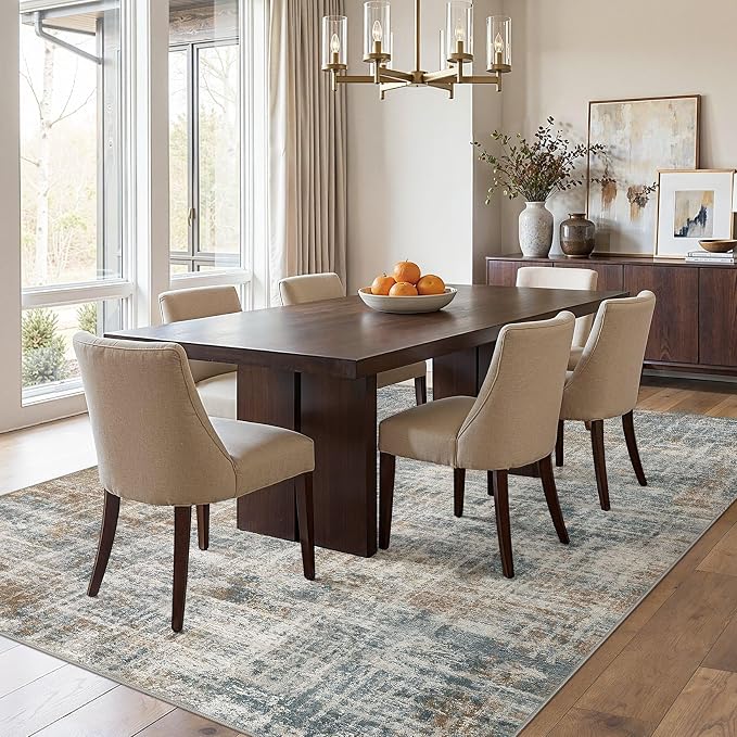 cotiled Washable 10x14 Area Rug for Living Room - Modern Abstract Carpet with Non-Slip Backing, Low Pile & Soft, Stain Resistant, Kid & Pet Friendly Decor for Bedroom & Dining Room - Blue Brown