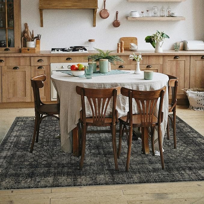 3x5 Vintage Washable Area Rug, Black | Living Room,Low Pile Non Slip Carpet Small Area Rug Soft Indoor Floral Print Mat for Bedroom Dining Room Entryway