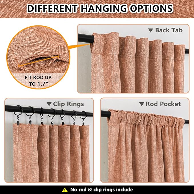 MYSKY HOME Orange Curtains for Bedroom, Short Curtains for Small Window, Boho Semi Sheer 2 Panel Set, Linen Style Texture for Closet/Kitchen, 50"x63", Burnt Orange