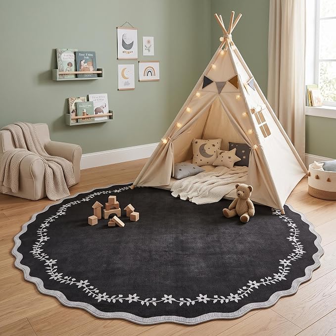 GarveeHome Round Rugs 4ft Scalloped Washable Black Circle Rug for Kids Room | Soft Non Slip Floral Print Floor Mat Carpet Indoor Thin Tent Rug for Bedroom Dining Room Playroom Nursery Entryway
