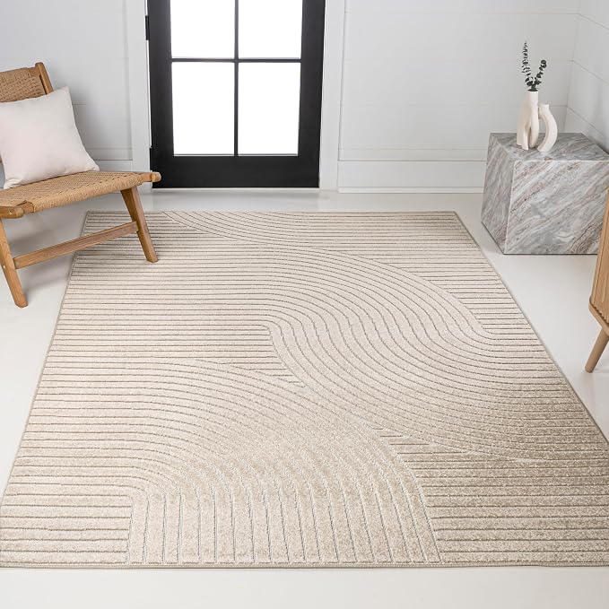JONATHAN Y Hallie High-Low Curve Beige/Cream 8x10 Indoor/Outdoor Area Rug, Minimalist, Japandi, Geometric, Pet Friendly, for Patio, Backyard, Living Room, Bedroom, Office, Hose-Washable (SCN100D-8)
