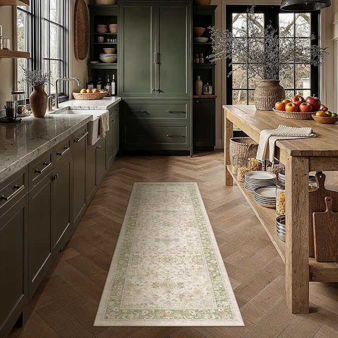2x6 Sage Green Washable Runner Rug Non Slip Vintage Carpet | Soft Low Pile, Lightweight Foldable, Pet Friendly, Hallway, Kitchen, Bathroom, Front Door, Beside Bed
