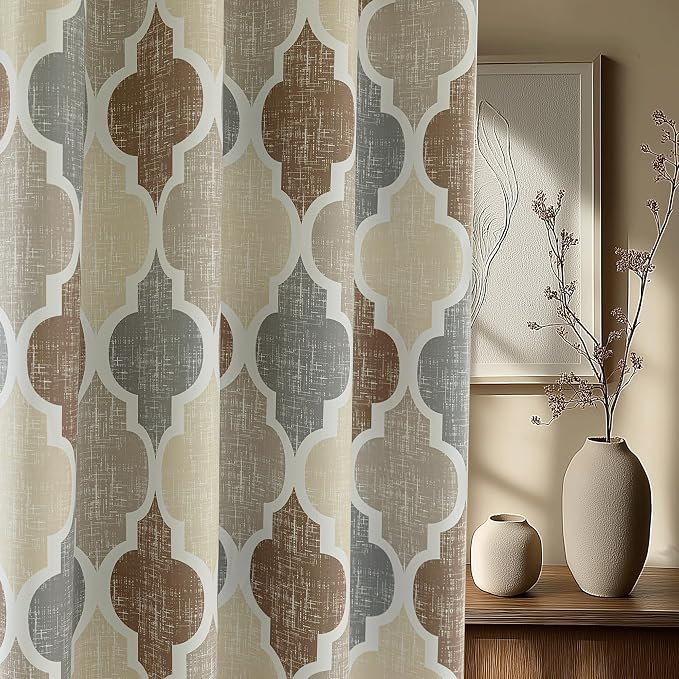 Beauoop Moroccan 100% Blackout Curtains Bedroom Brown Grey 50x108 2 Panels | Geometric Room Darkening Drapes for Living Room 108 Inch Long Thermal Insulated Soundproof Lattice Window Treatment Grommet