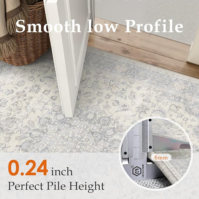 PureCozy 3x5 Washable Small Area Rug Neutral Gray Vintage Floral | Non Slip, Soft Low Pile, Indoor Carpet for Entryway, Kitchen, Bathroom, Farmhouse Decor