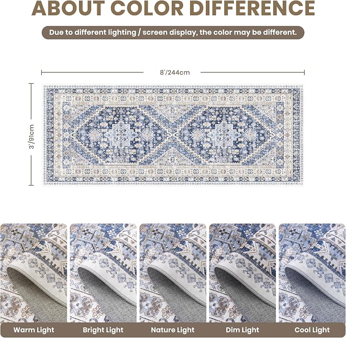 zesthome 3x8 Runner Rug Non Slip Washable for Entryway, Vintage Hallway Runner for Front Porch, Laundry Room, Bedroom, Abstract Stain Resistant Thin Indoor Kitchen Mats for Floor(Blue/Beige,3'x8')