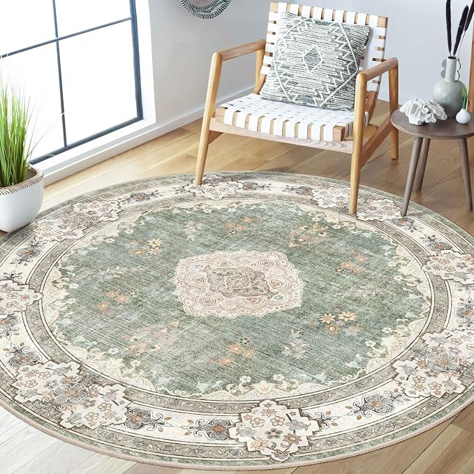 MUJOO Green Round Rug 5ft,Circle Washable Area Rug Non Slip Floral | Circular Rugs for Bedroom Living Room Dining Room Bathroom Boho Throw Carpet Low-Pile Soft Floor Indoor Flowers Sage Green