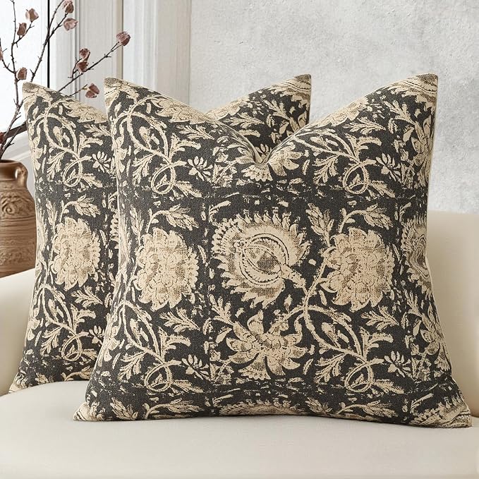 Vintage Floral Print Throw Pillow Covers 22x22 Set of 2 Neutral Modern Farmhouse Accent Decorative Cushion Covers Boho Home Decor for Couch Sofa Chair Bed Living Room, Black
