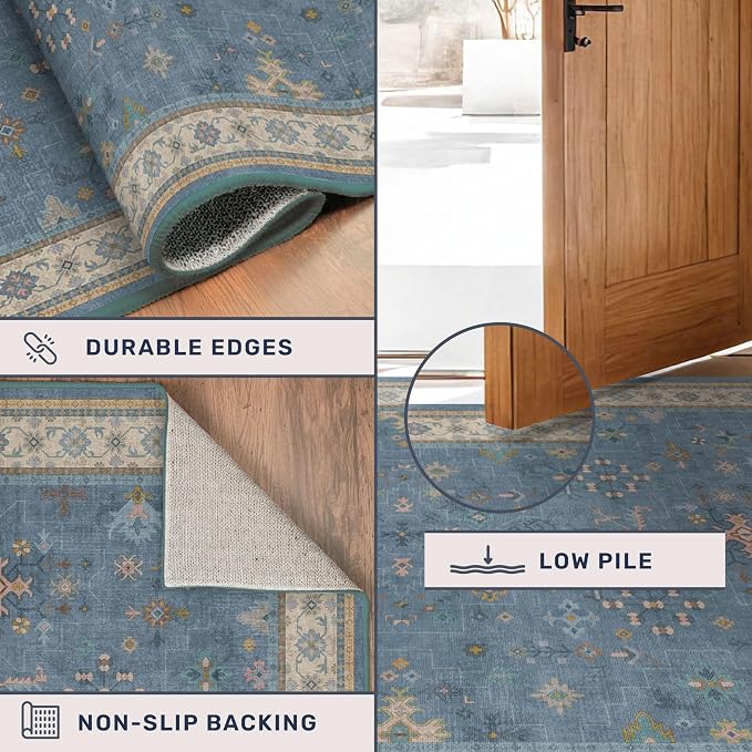 Hazo Haus Blue Boho 3x20 Extra Long Hallway Runner Rug - Non Slip Waterproof Kitchen Floor Mat - Modern Eclectic Floral Design Décor