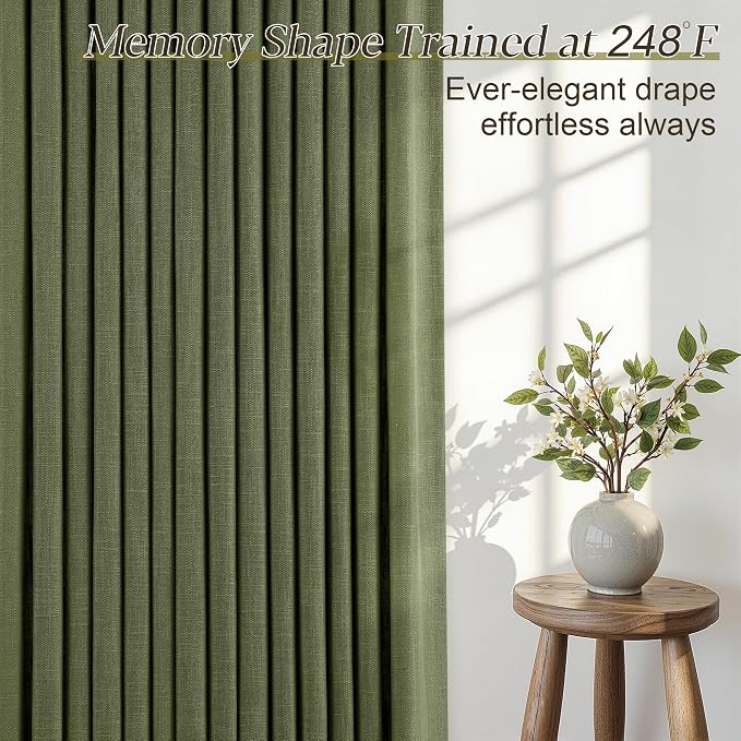 Olive Green Pleated Linen Curtains 96 Inches Long for Living Dining Room Bedroom Light Filtering Boho Window Drapes 2 Panels with Hooks Rings Clips Sliding Glass Door Semi Sheer Curtain Pinch Pleat
