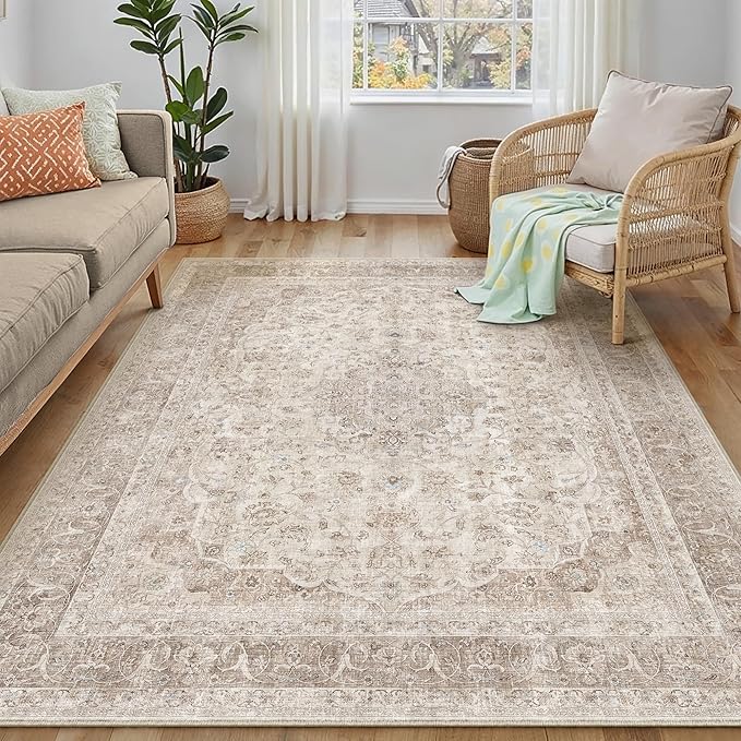 PureCozy 5x7 Area Rug Washable Beige Vintage Traditional Oriental | Non Slip, Soft Low Pile, Indoor Carpet for Bedroom, Living Room, Dining Room, Distressed Retro Decor