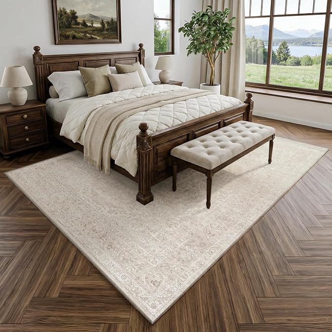 FMFUNCTEX 5x7 Washable Area Rug Neutral Beige Vintage Distressed Oriental Non Slip Low Pile Floral Rug for Living Room Bedroom Cream Traditional Soft Thin Retro Indoor Carpet for Dining Room Office