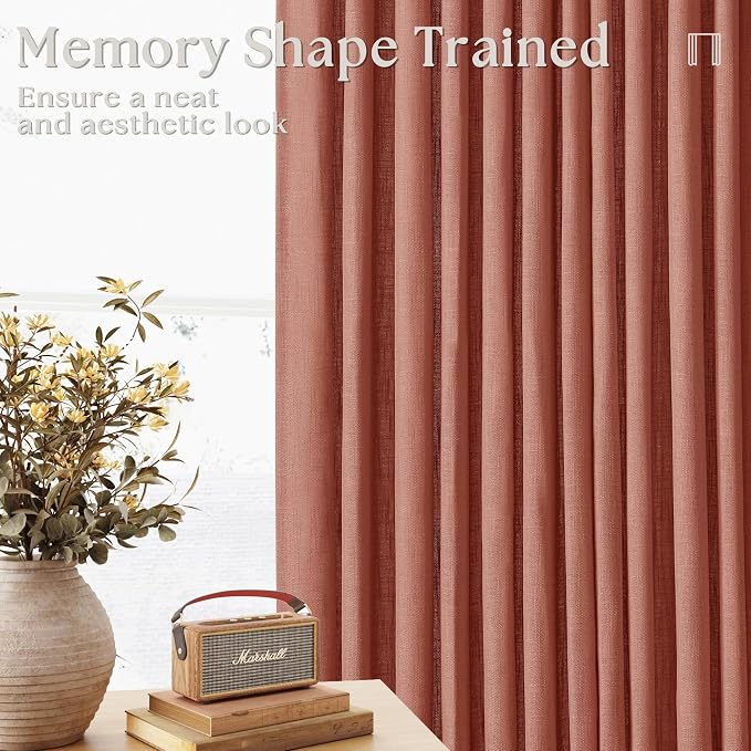 Pinch Pleated Linen Semi Sheer Curtains 45 Inch Length 2 Panels Firebrick | for Kitchen Small Bay Window Basement, Pinch Pleated with Hooks Rings Back Tab, Memory Shape, Thick Linen Semi Sheer, W40xL45