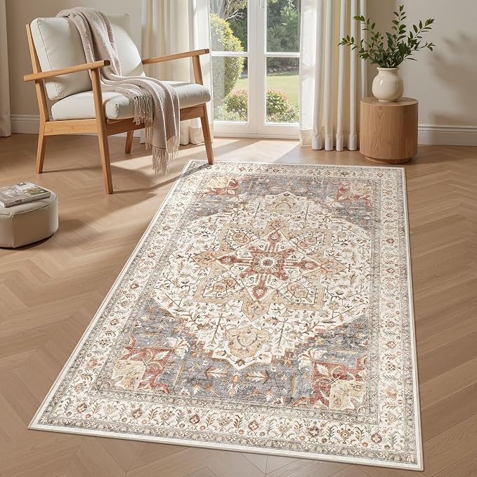 Tortania Area Rug Living Room Rugs - 3x5 Washable Rug Vintage Oriental Distressed Farmhouse Small Thin Indoor Carpet for Living Room Bedroom Under Dining Table Home Office - Orange Multi