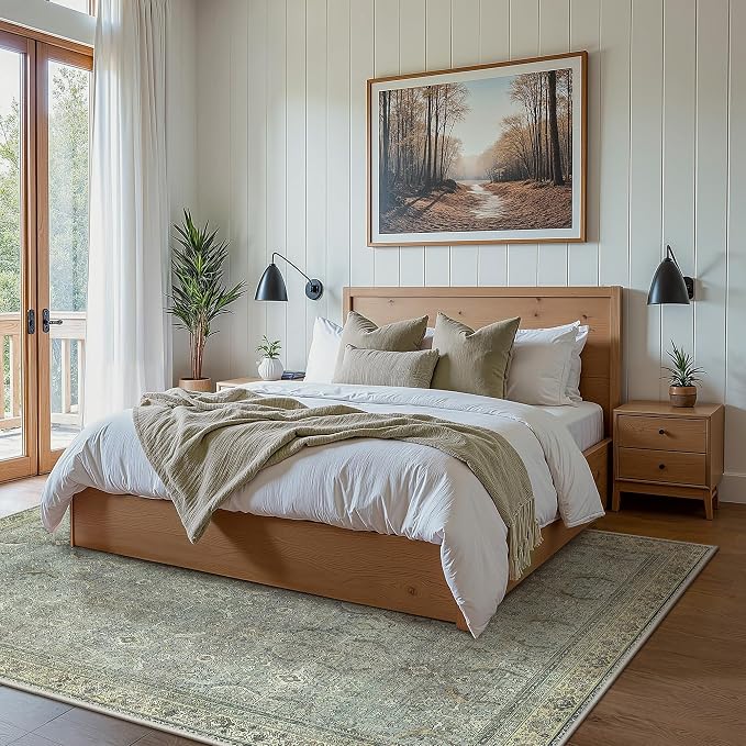 BESBLEE 8X10 Area Rugs Machine Washable Rugs for Living Room, Vintage Boho Large Rugs for Bedroom Dining Room, Non Slip Indoor Soft Distressed Lightweight Thin Low Pile Carpet, Dusty Ocean