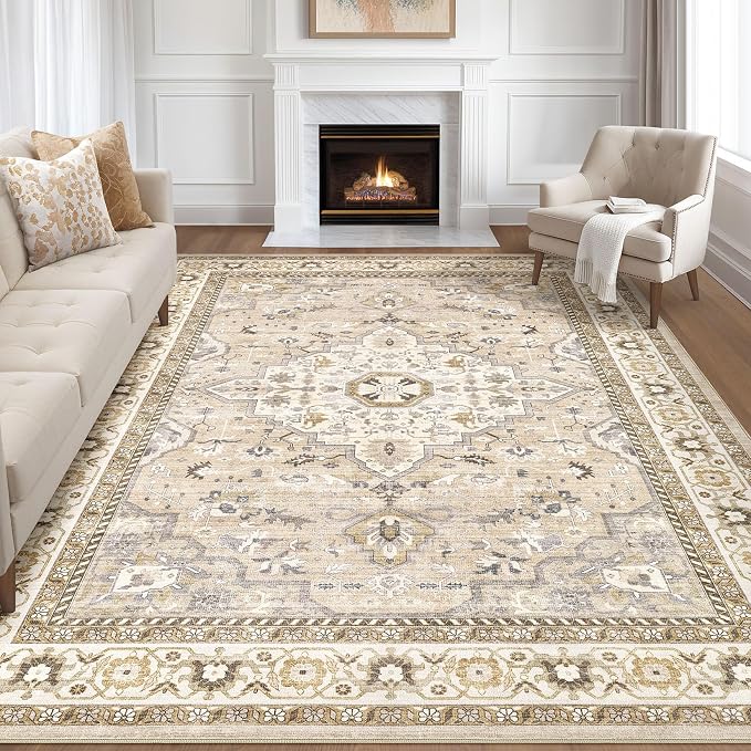 8x10 Area Rugs Living Room: Washable Boho Large Neutral Vintage Soft Rug Stain Resistant Farmhouse Non-Slip Indoor Floor Carpet for Bedroom Nursery Kids Playroom Office Dining Room- Beige Grey