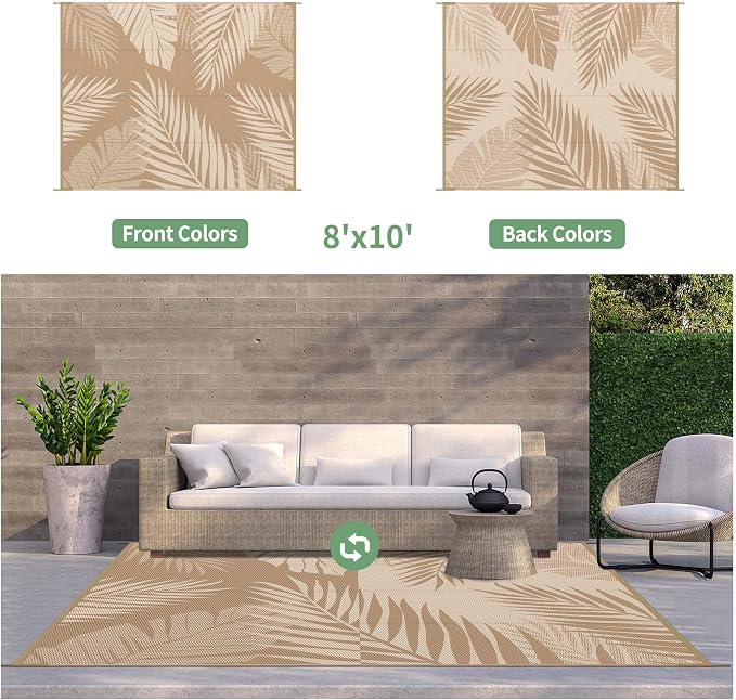 GENIMO Outdoor Rug, Waterproof Plastic Rugs for Patio, 8'x10' Brown Beige | Outside Larger Leaf Carpet Mat for Porch Decor, Deck, Balcony, Camping, RV, Backyard, Picnic, Beach, Reversible, Foldable