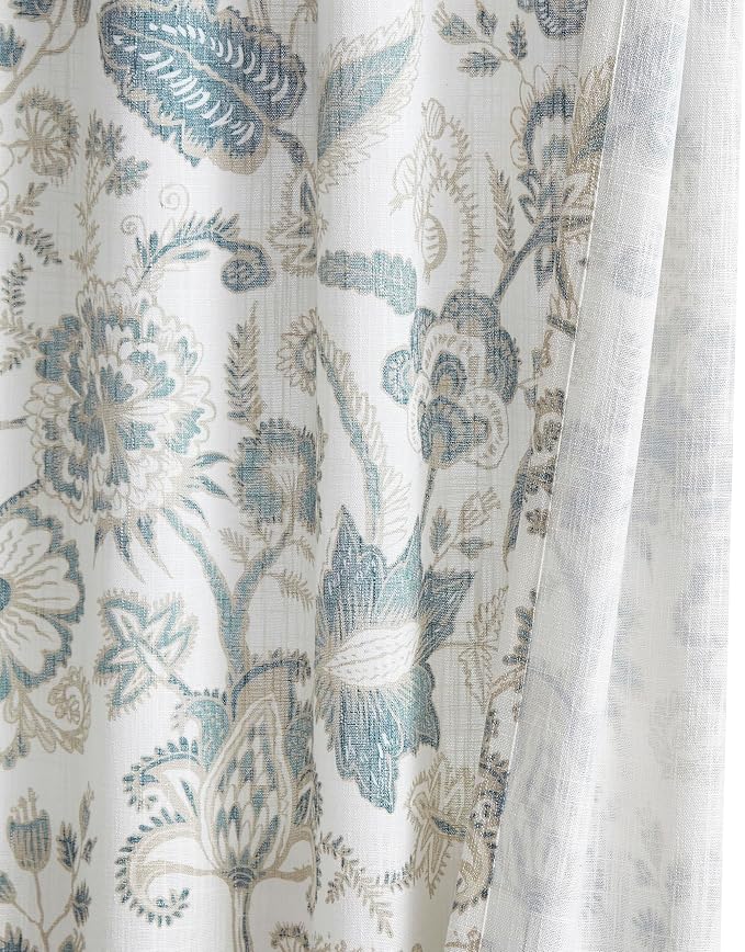 Kayne Studio Backtab Rod Pocket Jacobean Floral Semi Sheer Curtains Botanical Leaf Printed Vintage Farmhouse Blue Grey Light Filtering Window Treatment Sets Living Room Bedroom,52"x90",2 Panels