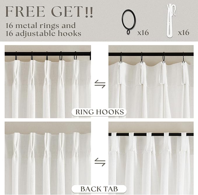 Beige White Linen Curtains 108 Inches Long 2 Panels Set for Living Room Neutral Boho Thick Linen Textured Pinch Pleated Memory Shape Light Filtering Ceiling Semi Sheer Window Curtain Hook Rings Ivory