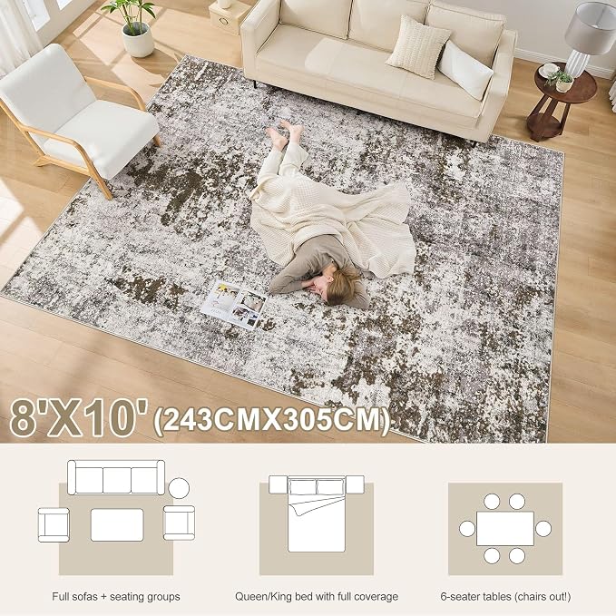 DMOYEST 8x10 Area Rug for Living Room, Washable & Non Slip Large Indoor Carpet, Kid & Pet Friendly Soft Thin Low Pile Abstract Rug for Bedroom and Office - Dark Brown