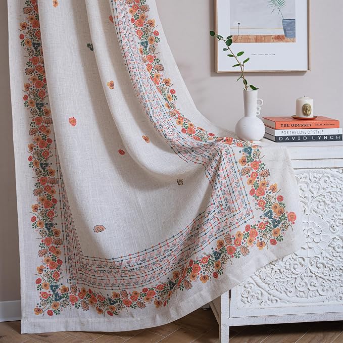 MYSKY HOME Boho Floral Curtains for Living Room 2 Panels Linen Semi Sheer Flower Curtains & Drapes 84 Inches Length Farmhouse Room Decor Style Back Tab for Dining Room, Yellow, 50" x 84"