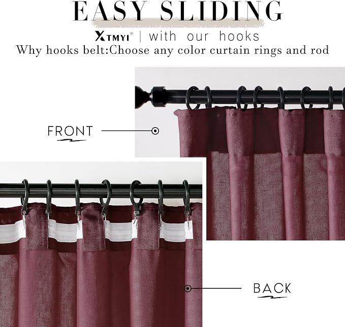 XTMYI Dark Red Burgundy Curtains 63 Inch Length for Dining Room Kitchen Window,2 Panels Light Filtering Semi Privacy Linen Sheer Curtain for Bedroom