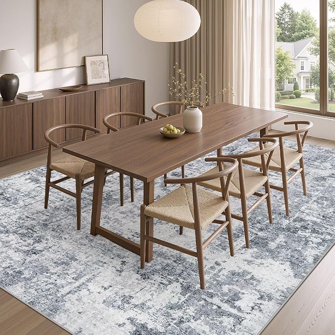cotiled Washable Area Rug 6x9, Non-Slip Soft Neutral Rug for Living Room | Modern Abstract Carpet, Stain Resistant and Kid & Pet Friendly, Ideal For Bedroom, Dining Room, Nursery, Office - Blue/Gery