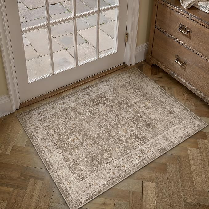 HUGEAR 2x3 Entryway Rug Taupe Machine Washable Rug Room Decor Vintage Distressed Small Area Rugs Indoor Door Mat Low Pile Non Slip Carpet for Kitchen Living Bedroom Soft Lightweight