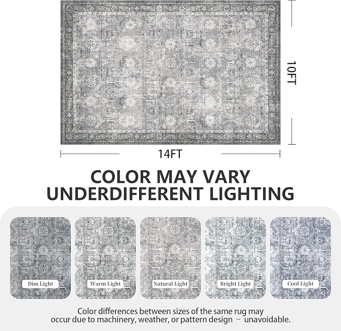 Large Area Rug 10x14, Soft Non Slip Low Pile Washable Rug, Boho Modern Area Rug for Living Room, Bedroom, Dining Room, Distressed Grey
