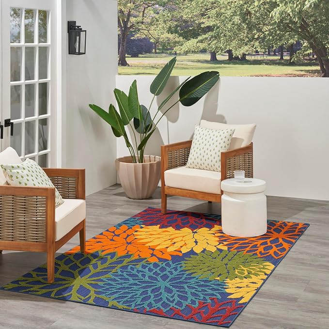 Nourison Home Aloha Navy Multicolor 6' x 9' Area Rug - Easy Clean, Non Shedding, Bed Room, Living Room, Dining Room, Kitchen (6' x 9')