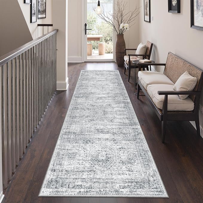 2'6 x 8' Runner Rug Non Slip,Washable Kitchen Rugs,Grey | Neutral Rugs for Kitchen,Entryway,Bedroom,Bathroom,Nursery Room,Thin,Soft Runner Rug,Stain Resistant Indoor Carpet