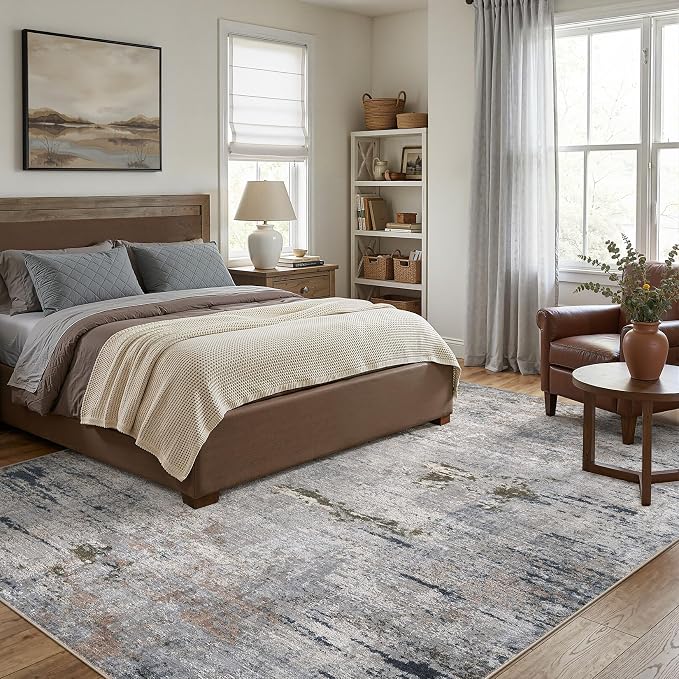 DMOYEST Area Rug Living Room Rugs - 10x12 Washable Large Soft Indoor Neutral Modern Abstract Low Pile Rug Carpet for Bedroom Dining Room Farmhouse Home Office - Blue/Grey/Brown